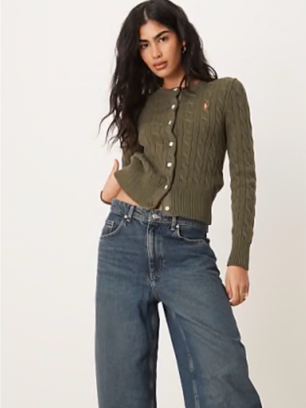 Ralph Lauren Olive Green Cable-Knit Cardigan Sweater - Picture 4 of 7